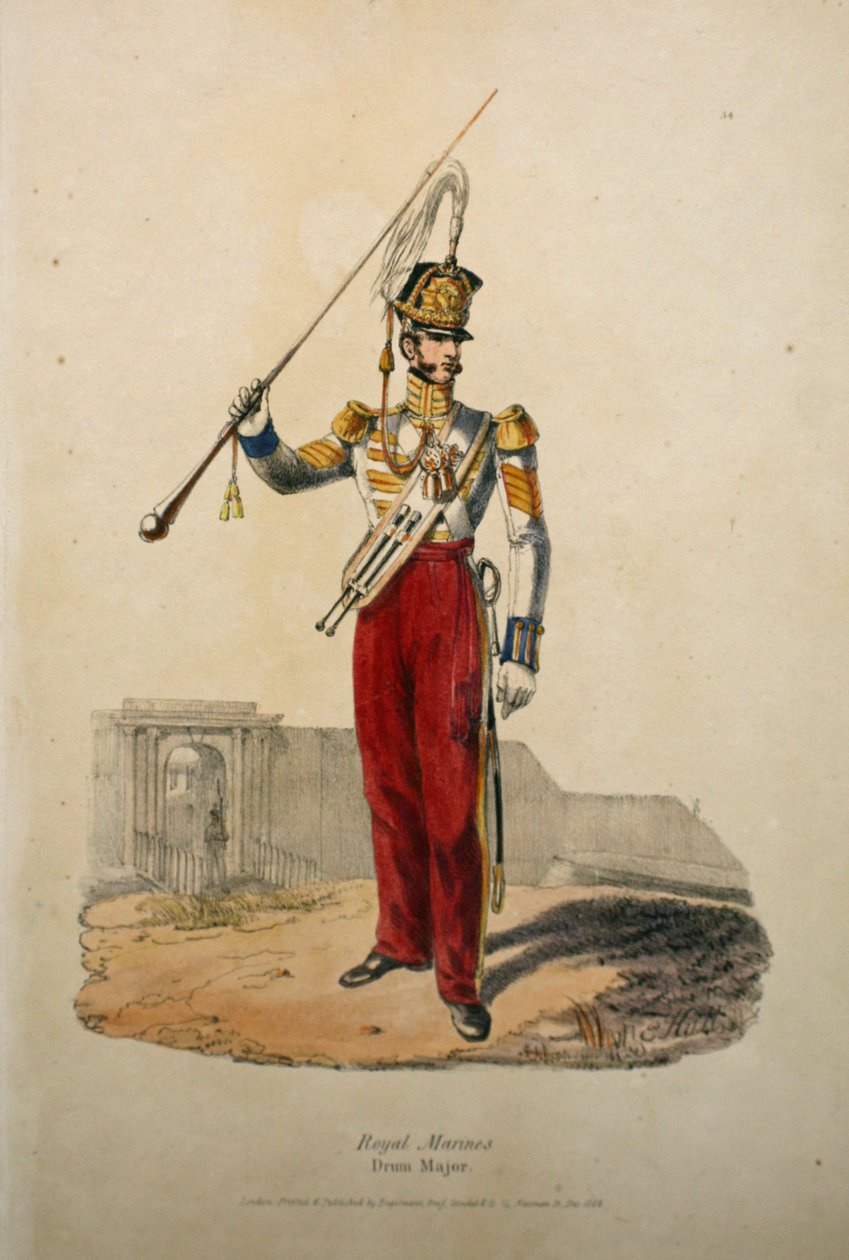 Royal Marines Drum Major, ca. 1829 (håndfarget lito) av after Edward Hull