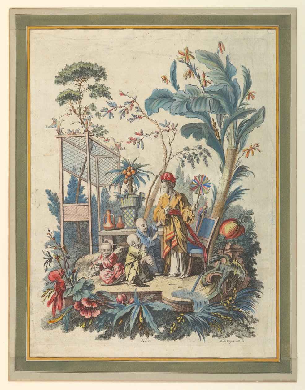 Plate 7 av et sett med kinesiske sjangerscener av after Francois Boucher