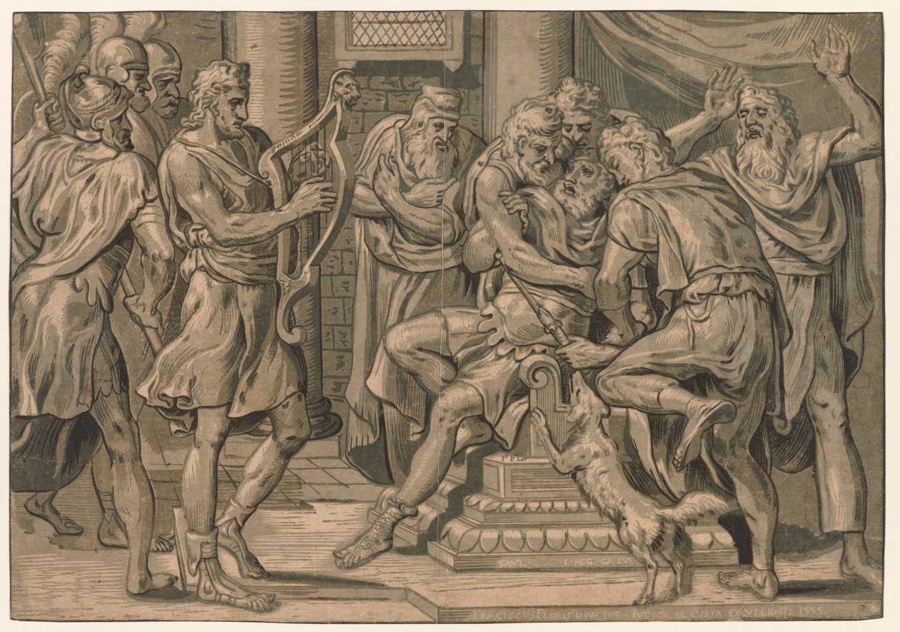 David spiller harpe før Saul av after Frans Floris