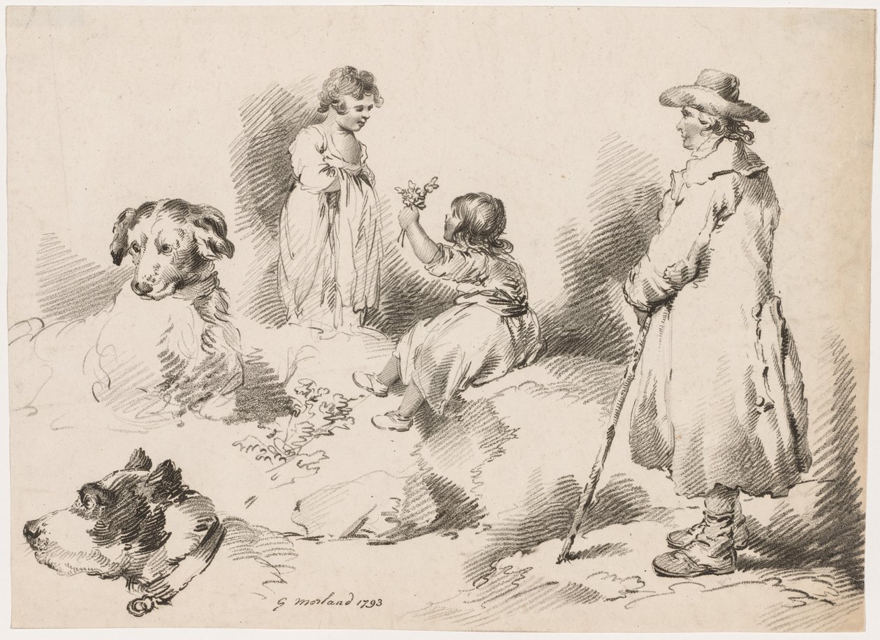Studier av barn (To små jenter); To hunder; En mann av after George Morland