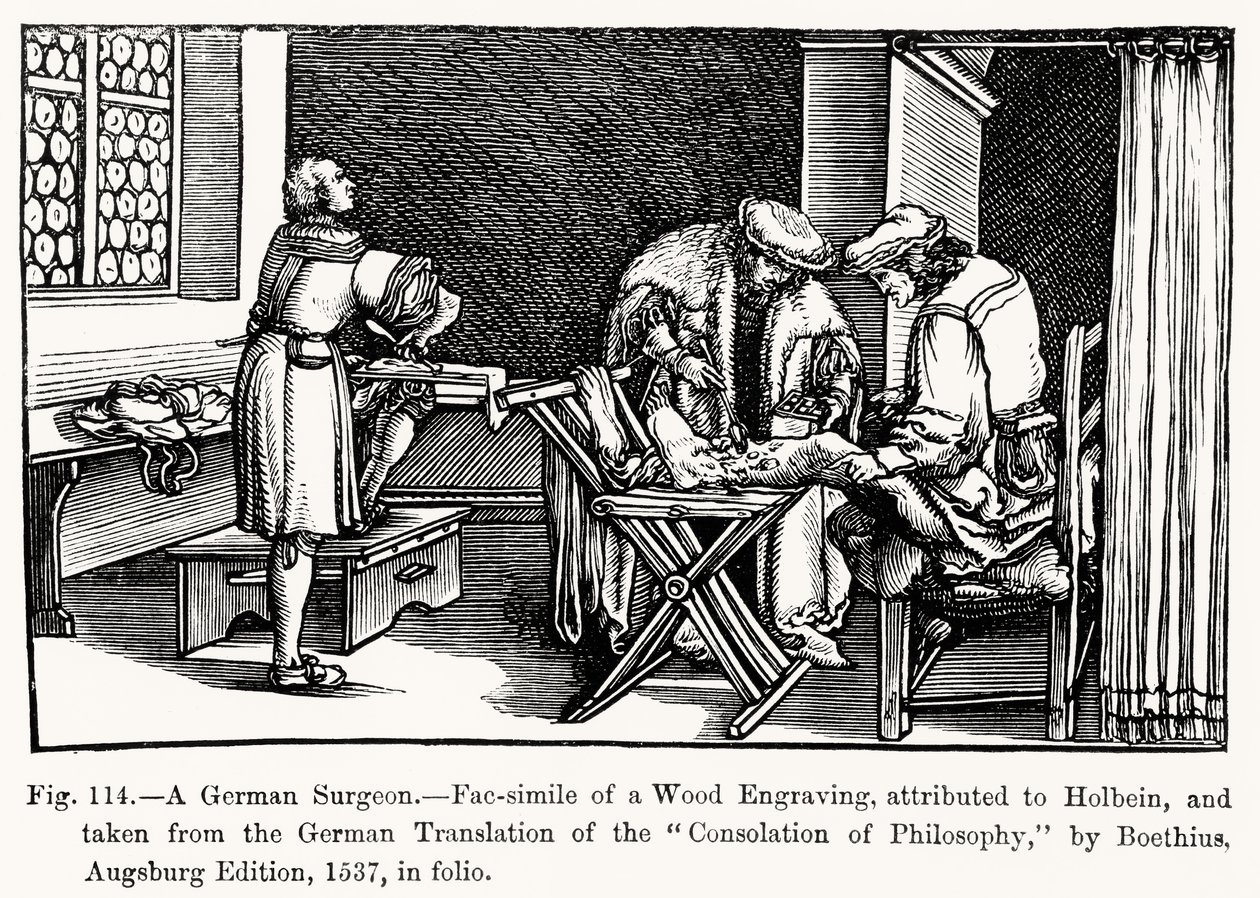 En tysk kirurg, fra Consolation of Philosophy av Boethius, illustrasjon fra Science and Literature in the Middle Ages and Renaissance, skrevet og gravert av Paul Lacroix, 1878 (bw ph) av after German School