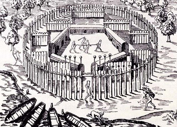 En Guarani-landsby, fra Gottfrieds Historia Antipodum, pub. i 1655, fra The Romance of the River Plate, Vol. I, av W.H. Koebel, 1914 av after German School