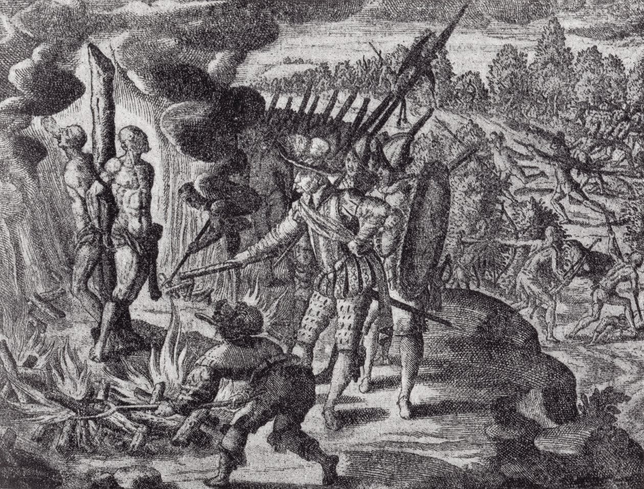 Spanjolenes hevn for Ayolas død, fra Gottfrieds Historia Antipodum, pub. i 1655, fra The Romance of the River Plate, Vol. I, av W.H. Koebel, 1914 av after German School