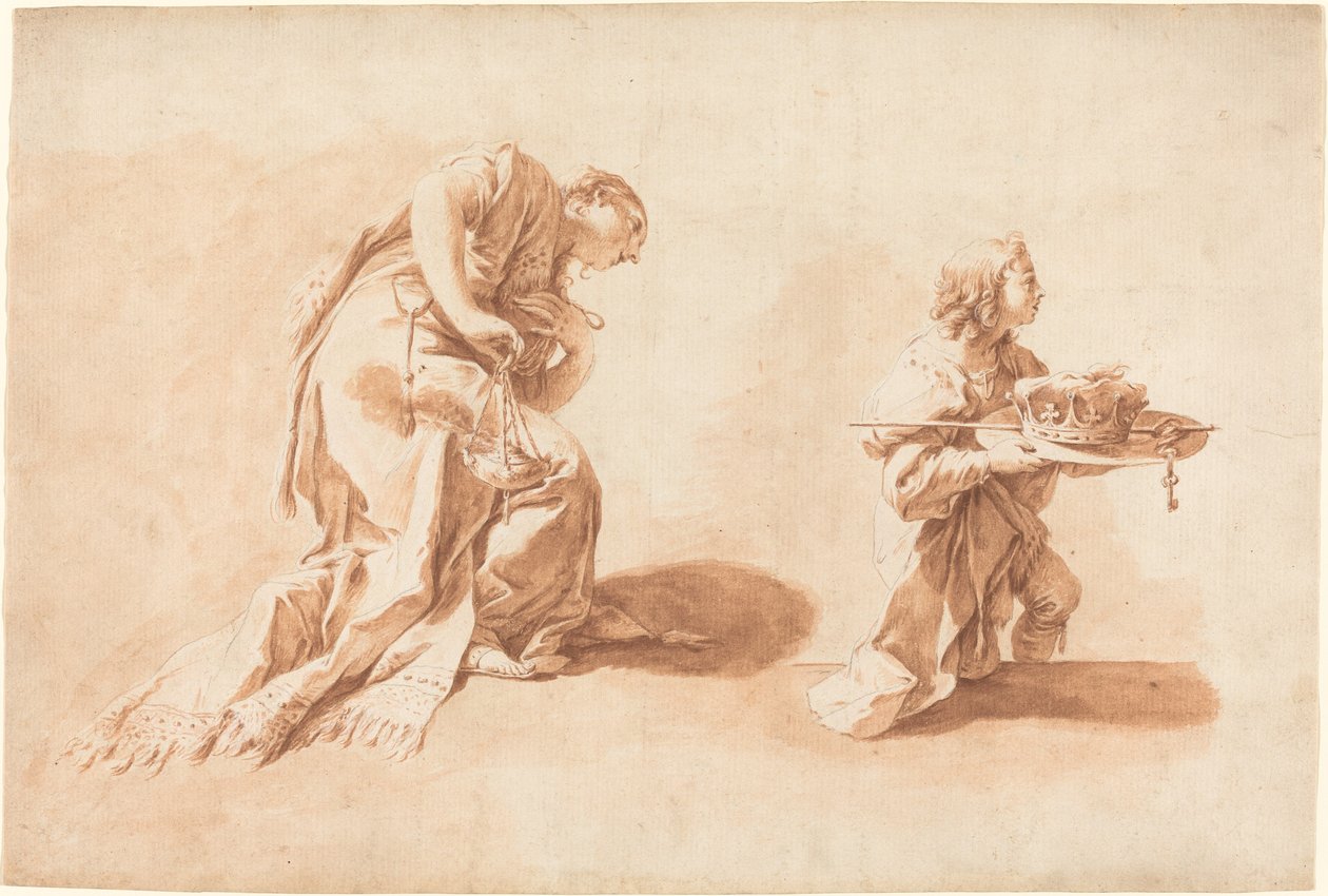 En knelende kvinne med en røkelsesbrenner og en side som holder en krone og septer av after Giovanni Battista Pittoni the younger Anton Kern