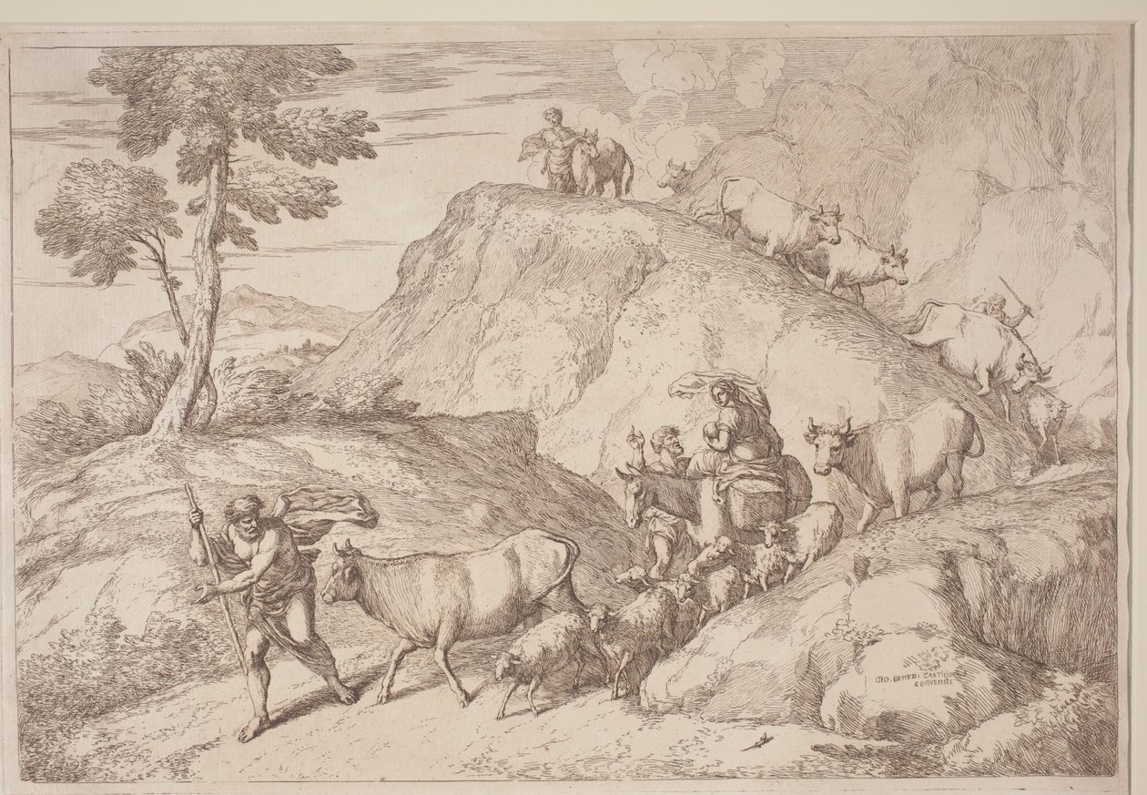 En eldre hyrde som leder flokken av after Giovanni Benedetto Castiglione Gaetano Zompini
