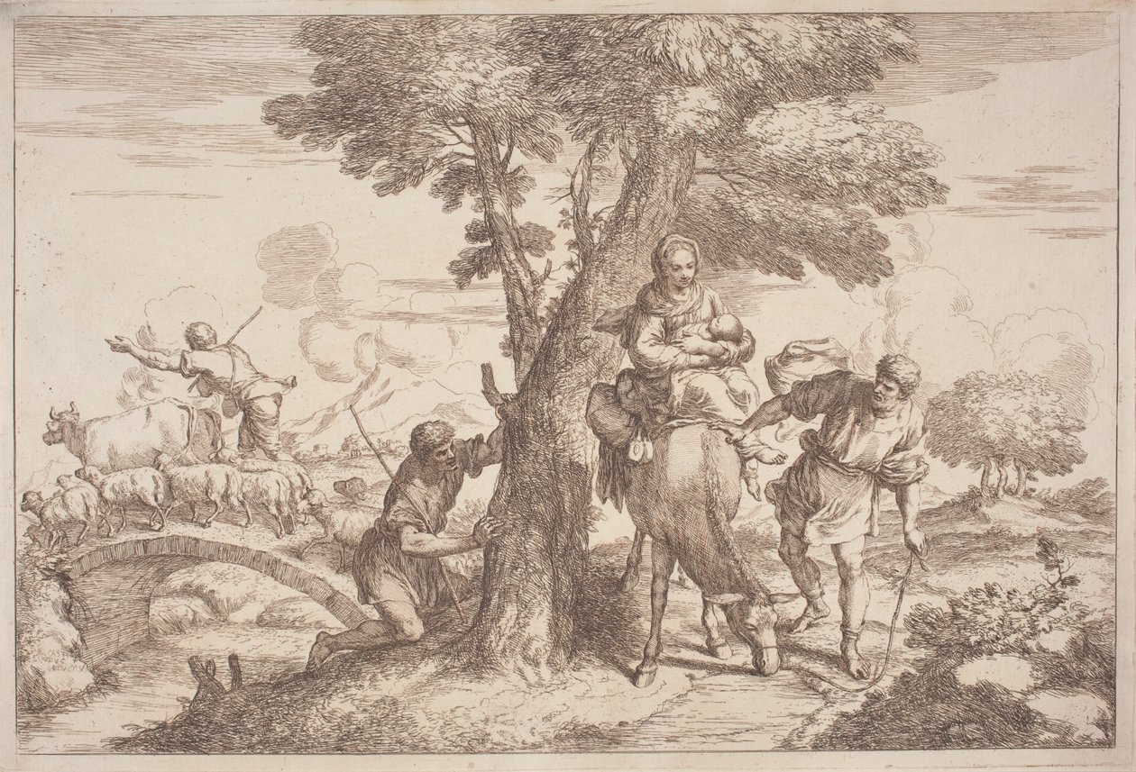 Flukten til Egypt med en hyrde som ser bak et tre av after Giovanni Benedetto Castiglione Gaetano Zompini