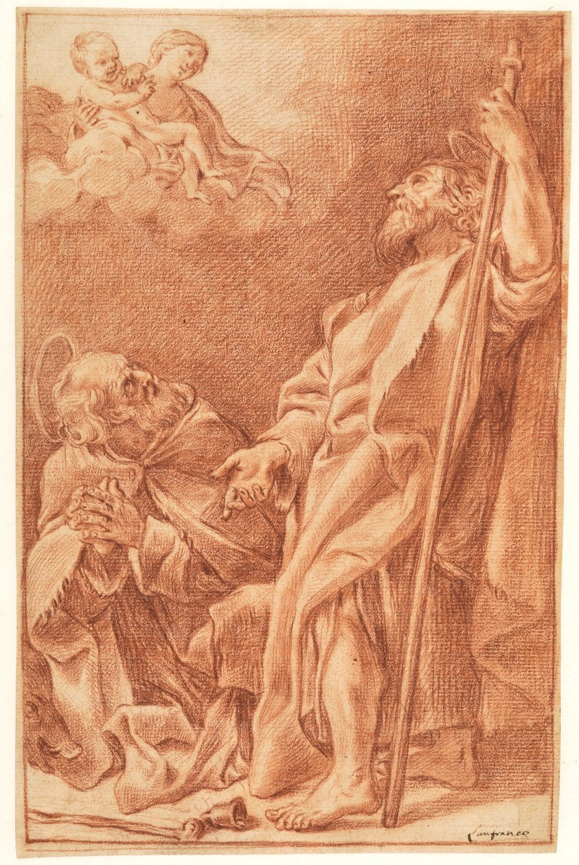 Madonnaen og barnet med St Anthony Abbot og James the Greater av after Giovanni Lanfranco