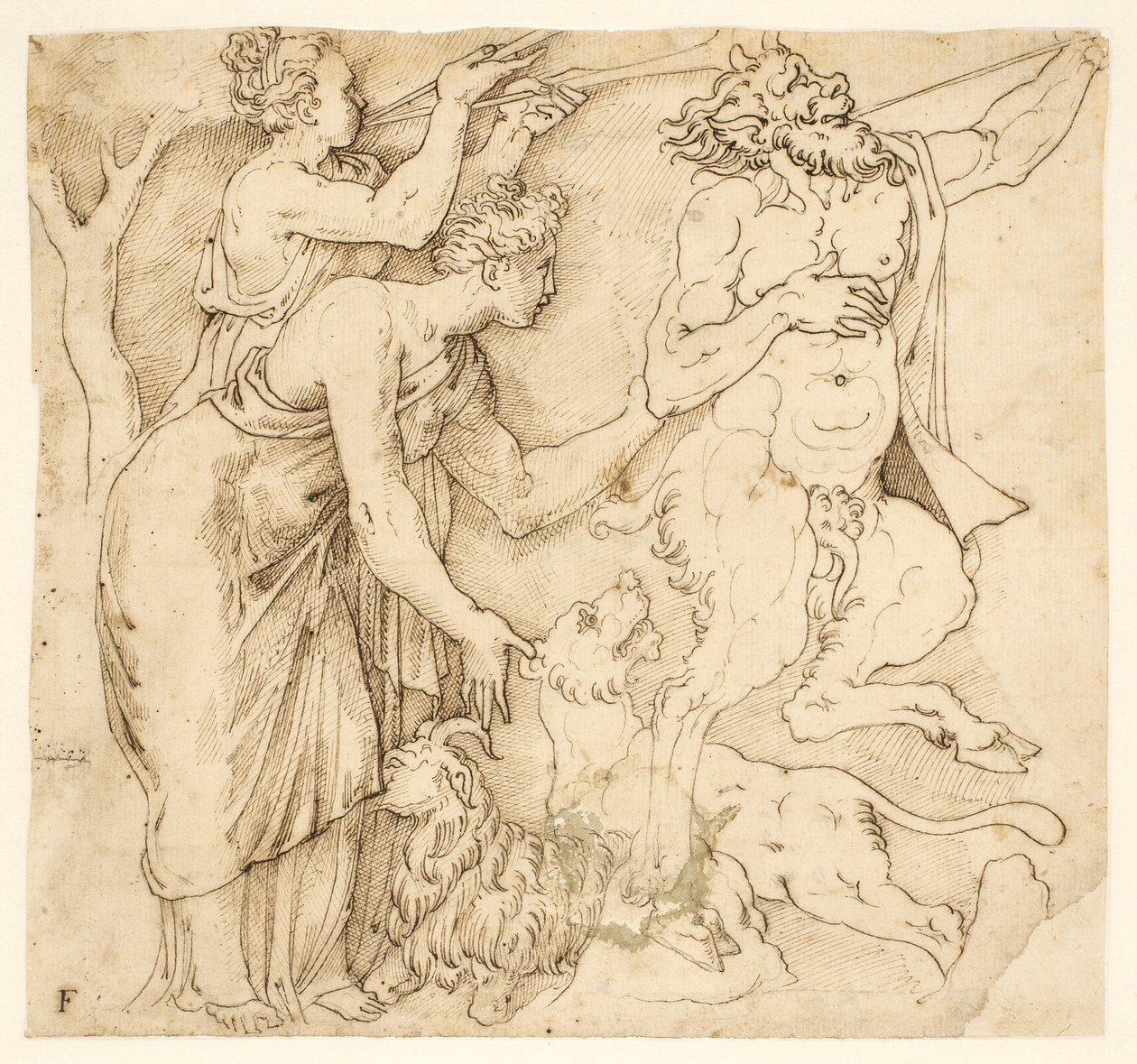 En satyr, to kvinner, en løve og en geit av after Giulio Romano