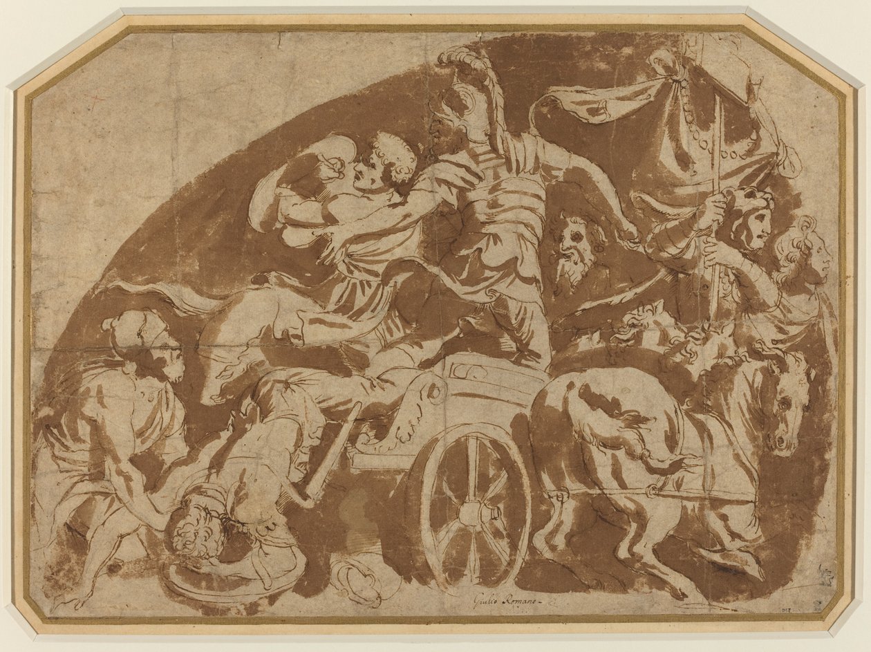 Flight of Meriones, med døde Coeranos som blir dratt fra vognen av after Giulio Romano