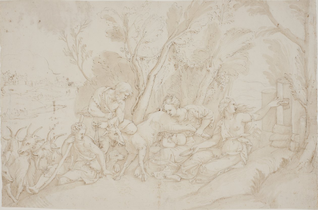 Jupiter die av geiten Amalthea av after Giulio Romano