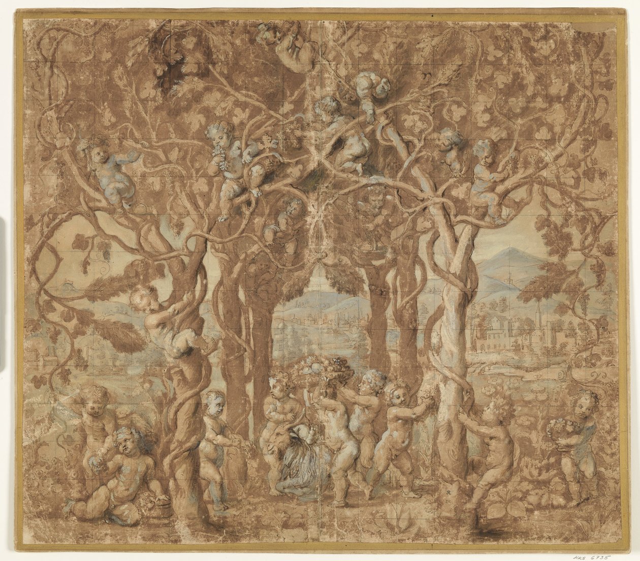 Putti høster vin og leker med en geit av after Giulio Romano