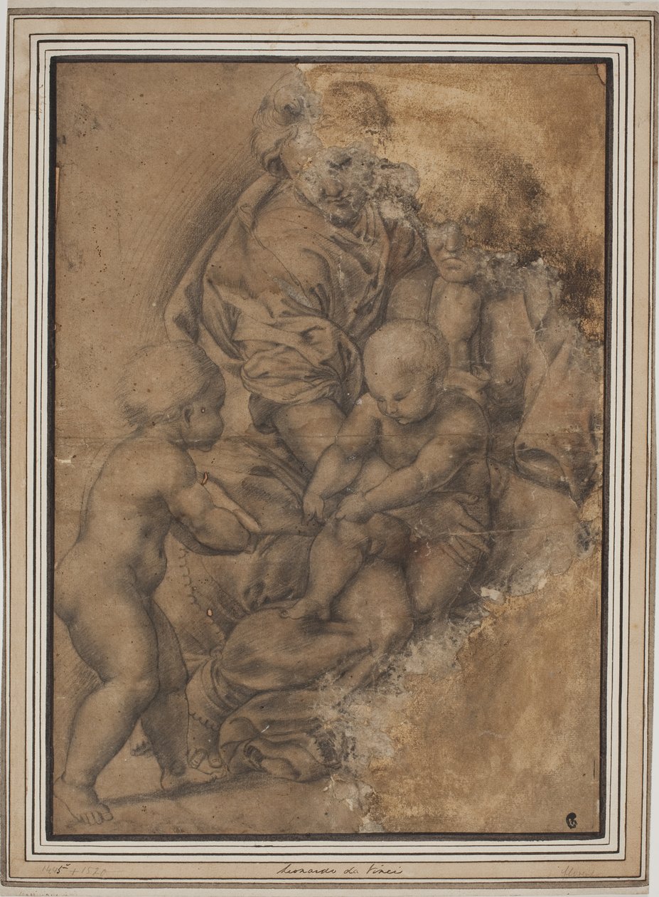 Den hellige familie med spedbarnet døperen Johannes. Etter Giulio Romanos Madonna della Gatta av after Giulio Romano