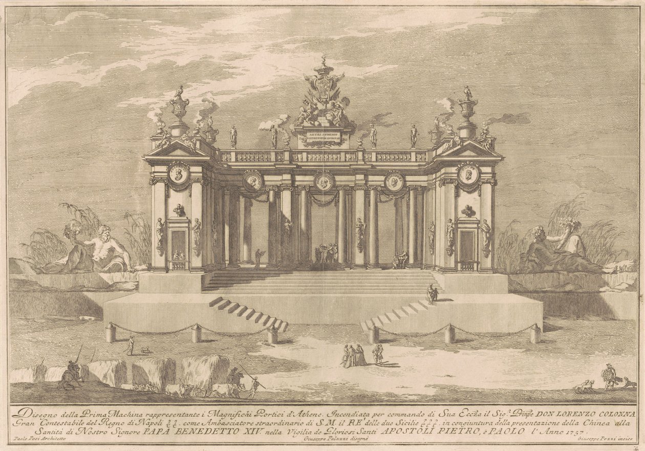 Prima Macchina for Chinea av 1757: Kolonnaden til det athenske lyceum av after Giuseppe Palazzi Giuseppe Pozzi after Paolo Posi
