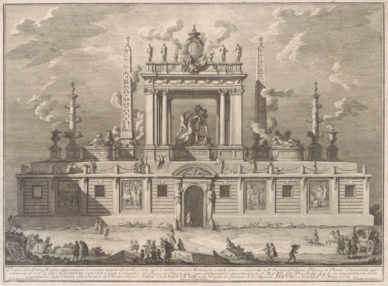 Prima Macchina for Chinea av 1762: Farnese-oksen og andre antikviteter fra Palazzo Farnese av after Giuseppe Palazzi Giuseppe Vasi after Paolo Posi