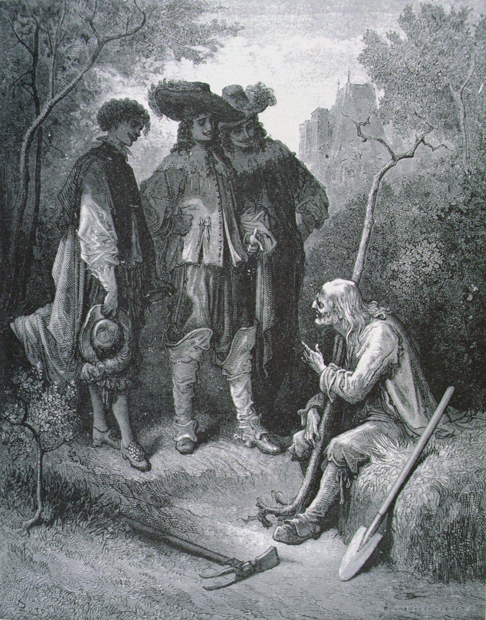 Illustrasjon for The Old Man and the Three Young Men, fra Fables av Jean de La Fontaine (1621-95) av Gustave after Dore