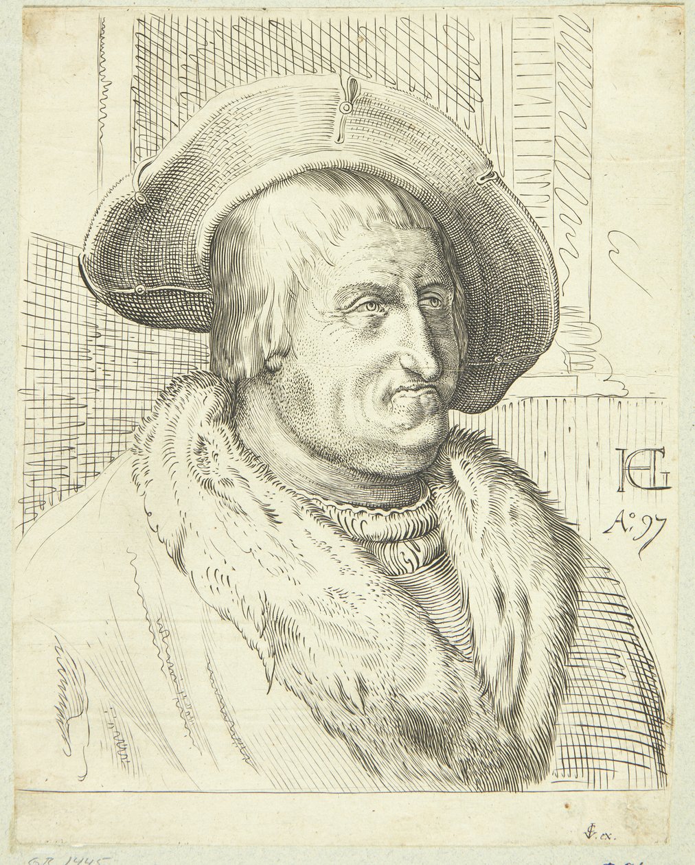 Fantasiportrett av gammel mann med hatt av after Hendrick Goltzius