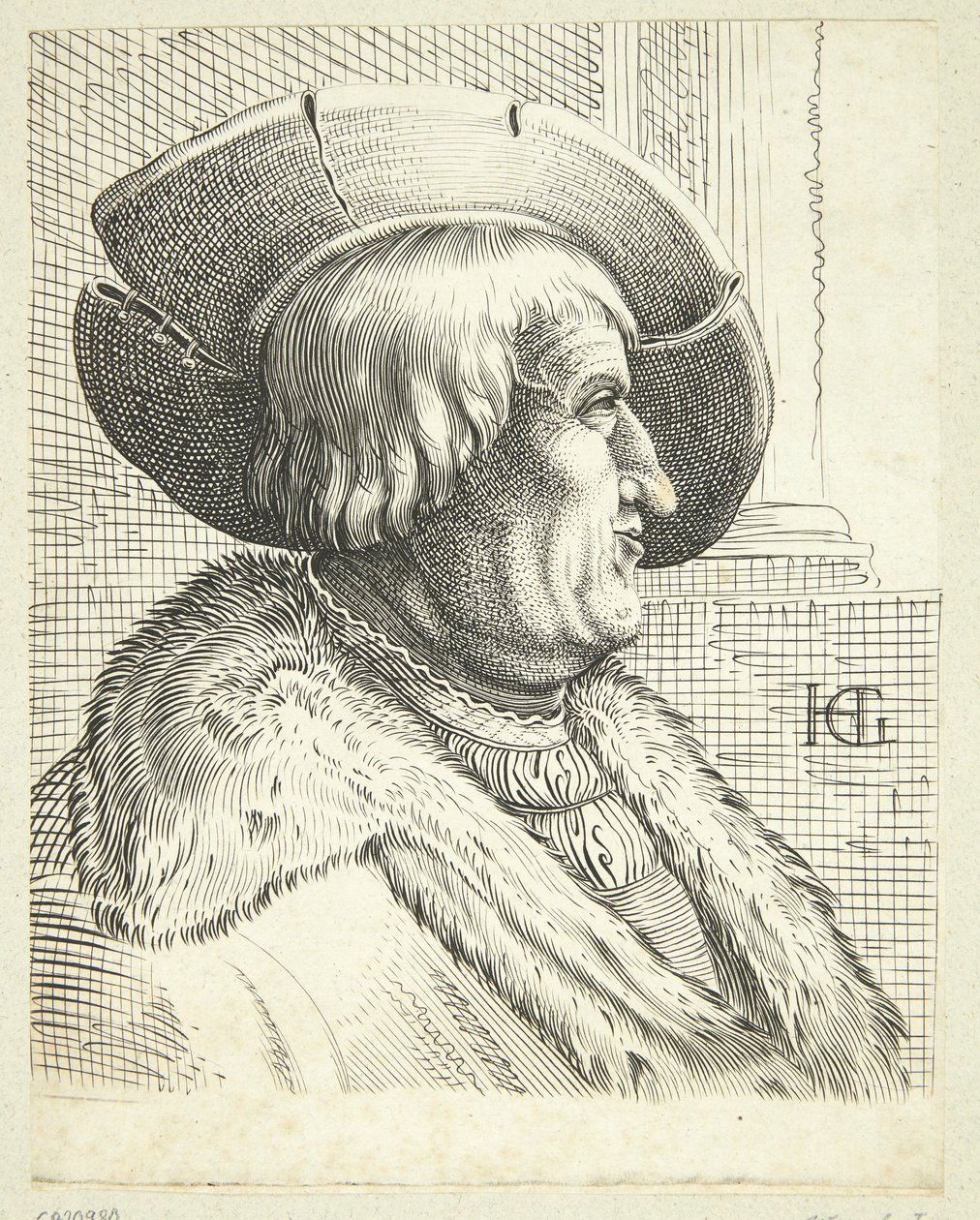 Fantasiportrett av gammel mann med hatt i profil av after Hendrick Goltzius