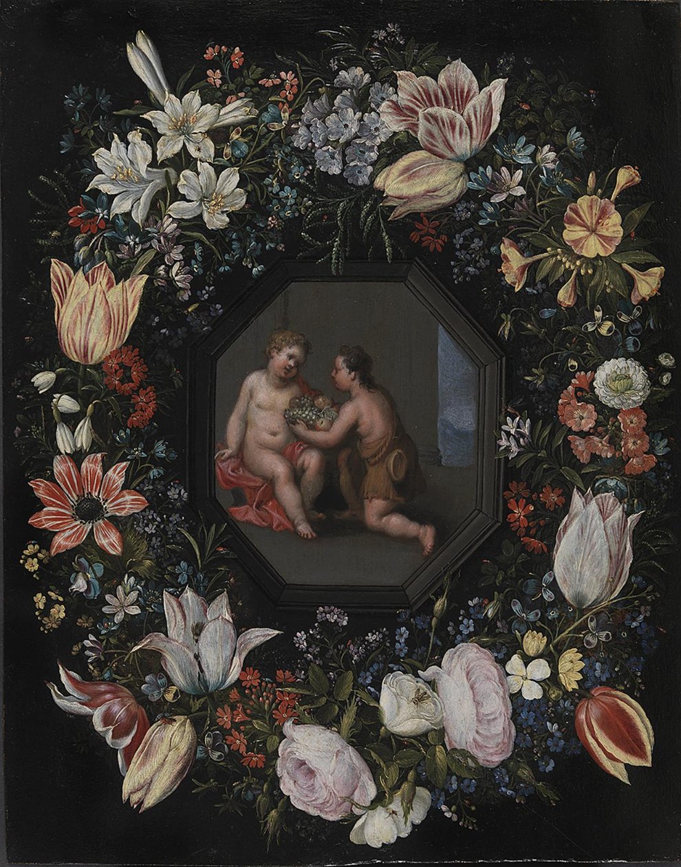 Blomsterkrans med Jesus og spedbarnet Johannes av after Hendrik van Balen d.Æ.