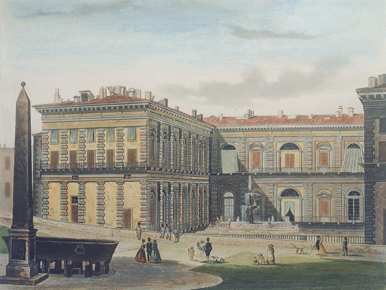 Innvendig gårdsplass i Palazzo Pitti, Firenze, gravert av Johann Falkeisen (1804-83) og fargelagt av L. Cherbuin, ca. 1842 (akvatint) av after Italian School