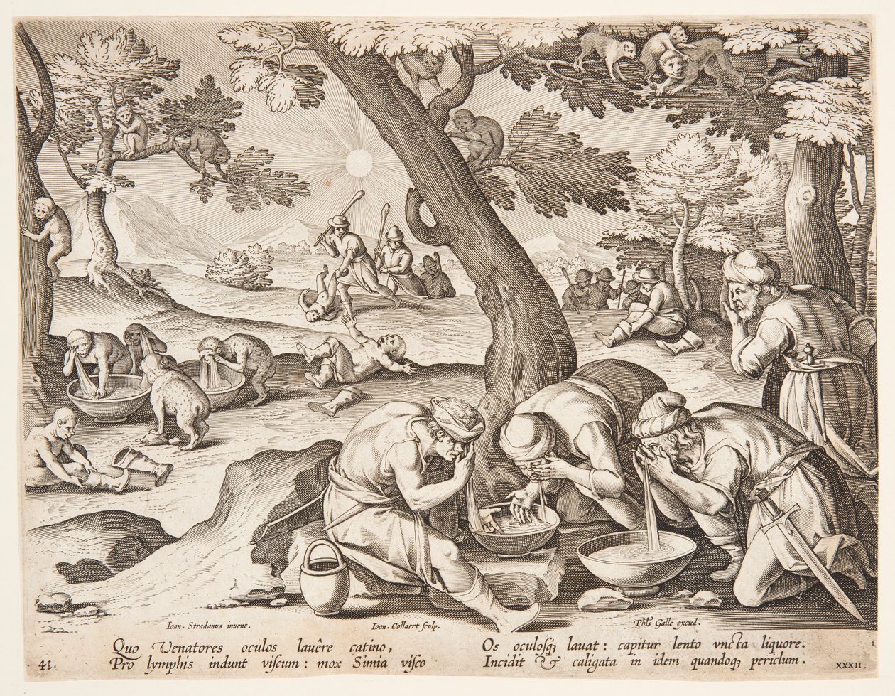 Aper som imiterer jegere av after Jan van der Straet, called Stradanus