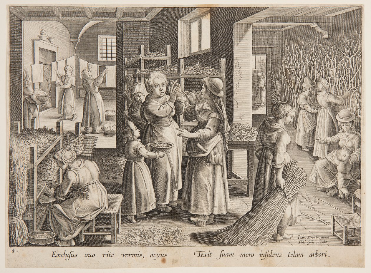 Mating av morbærblader til silkeormene av after Jan van der Straet, called Stradanus