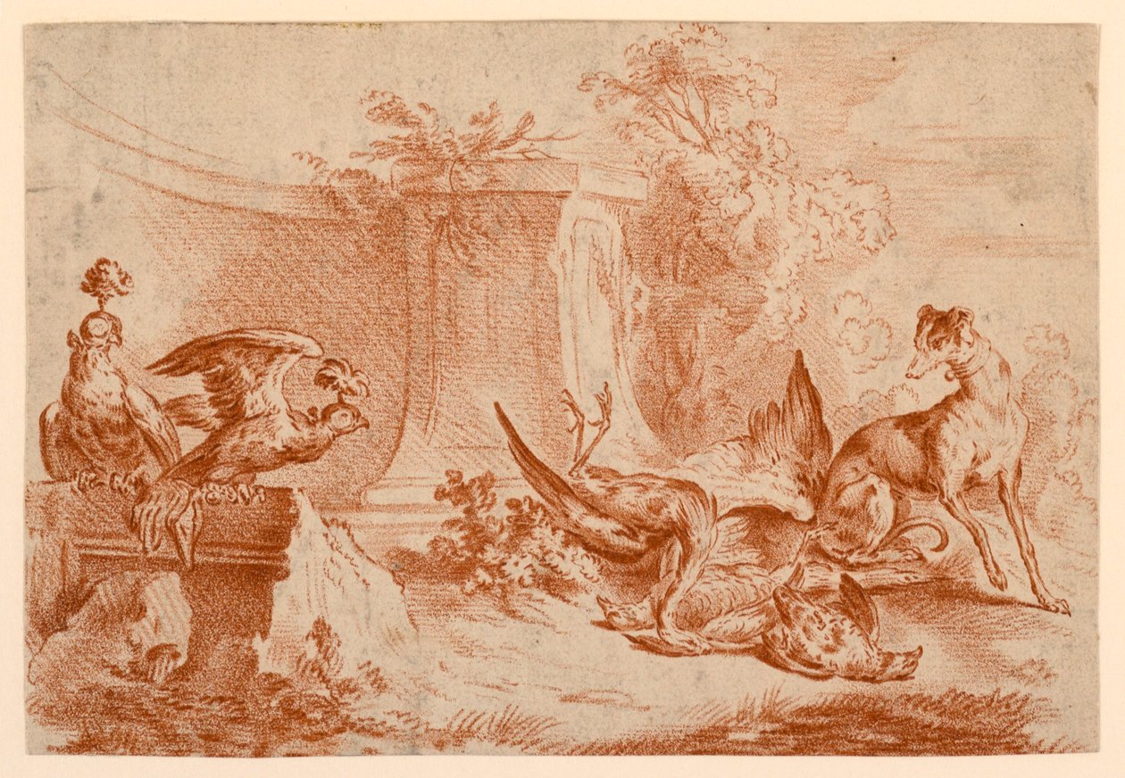 Falker, hund og dødt vilt av after Jean Baptiste Huet