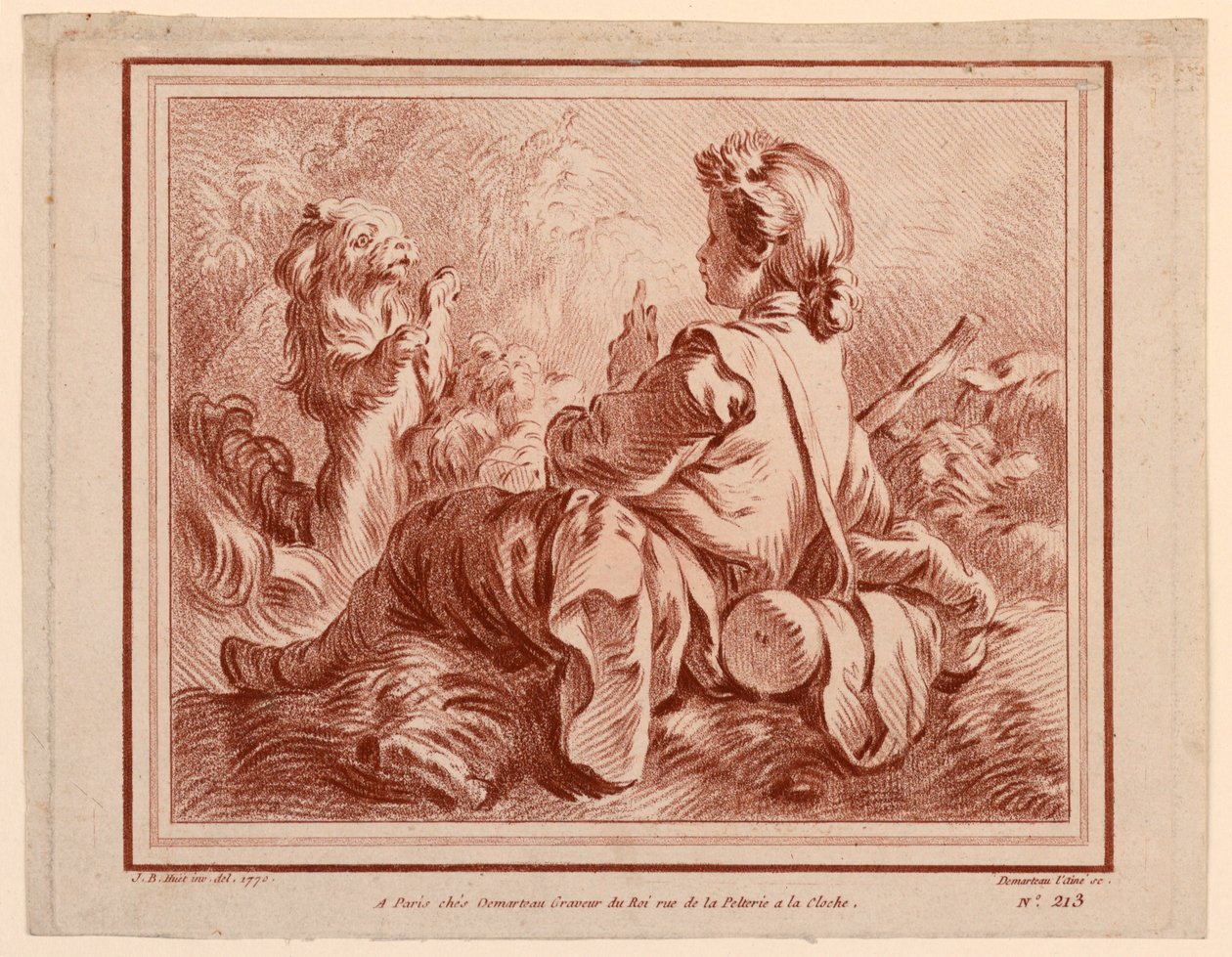 Sittende gjeter leker med en hund av after Jean Baptiste Huet