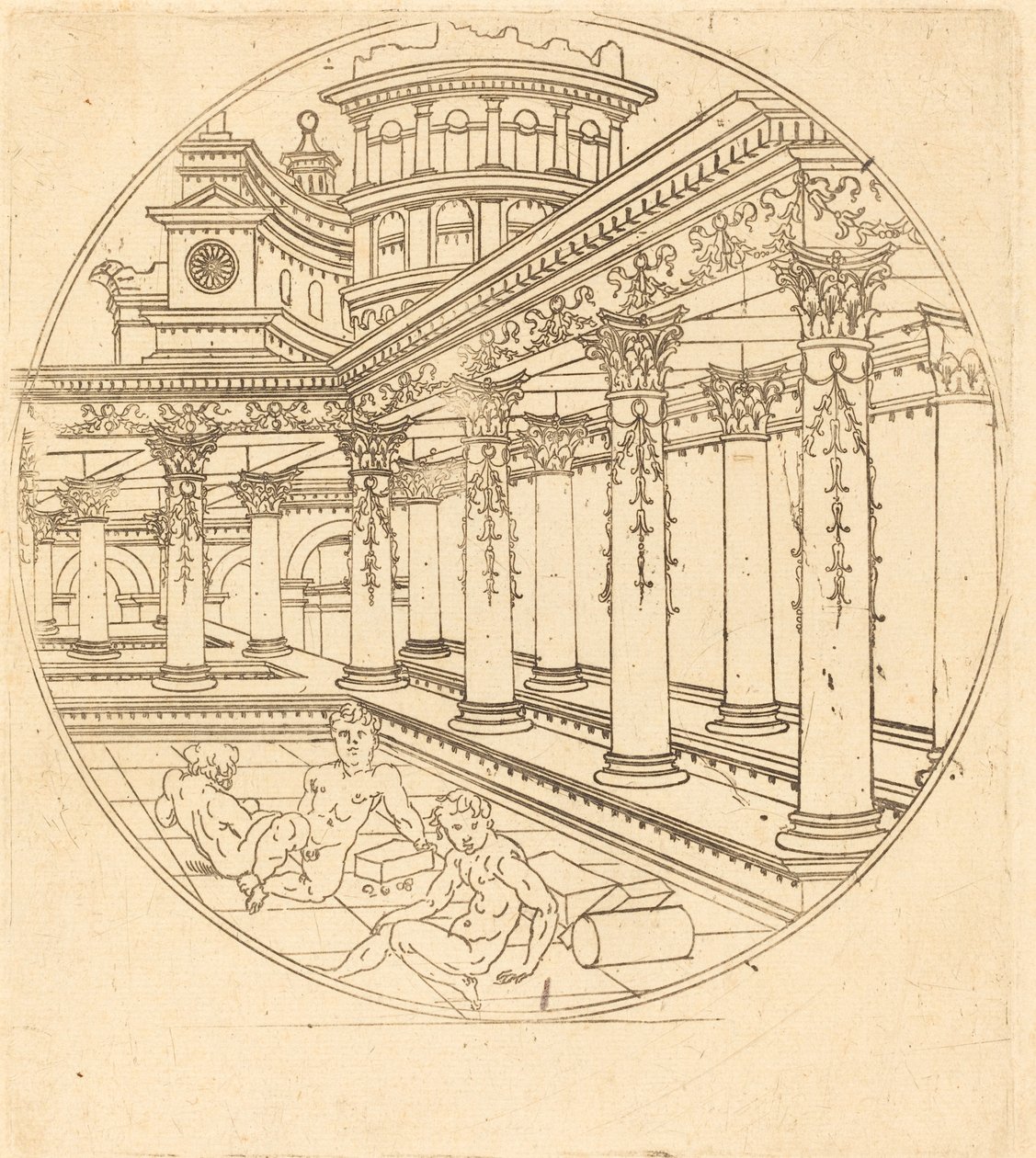 Tre figurer i et galleri av after Jean de Gourmont I