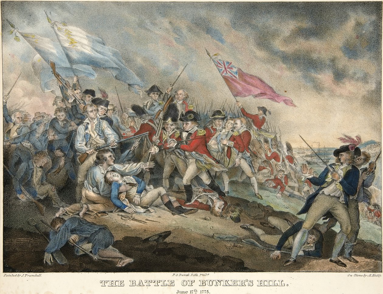 Slaget ved Bunkers Hill, 17. juni 1775, gravert av Alfred Hoffy (ca. 1790-1860), pub. 1786 (håndfarget gravering) av after John Trumbull