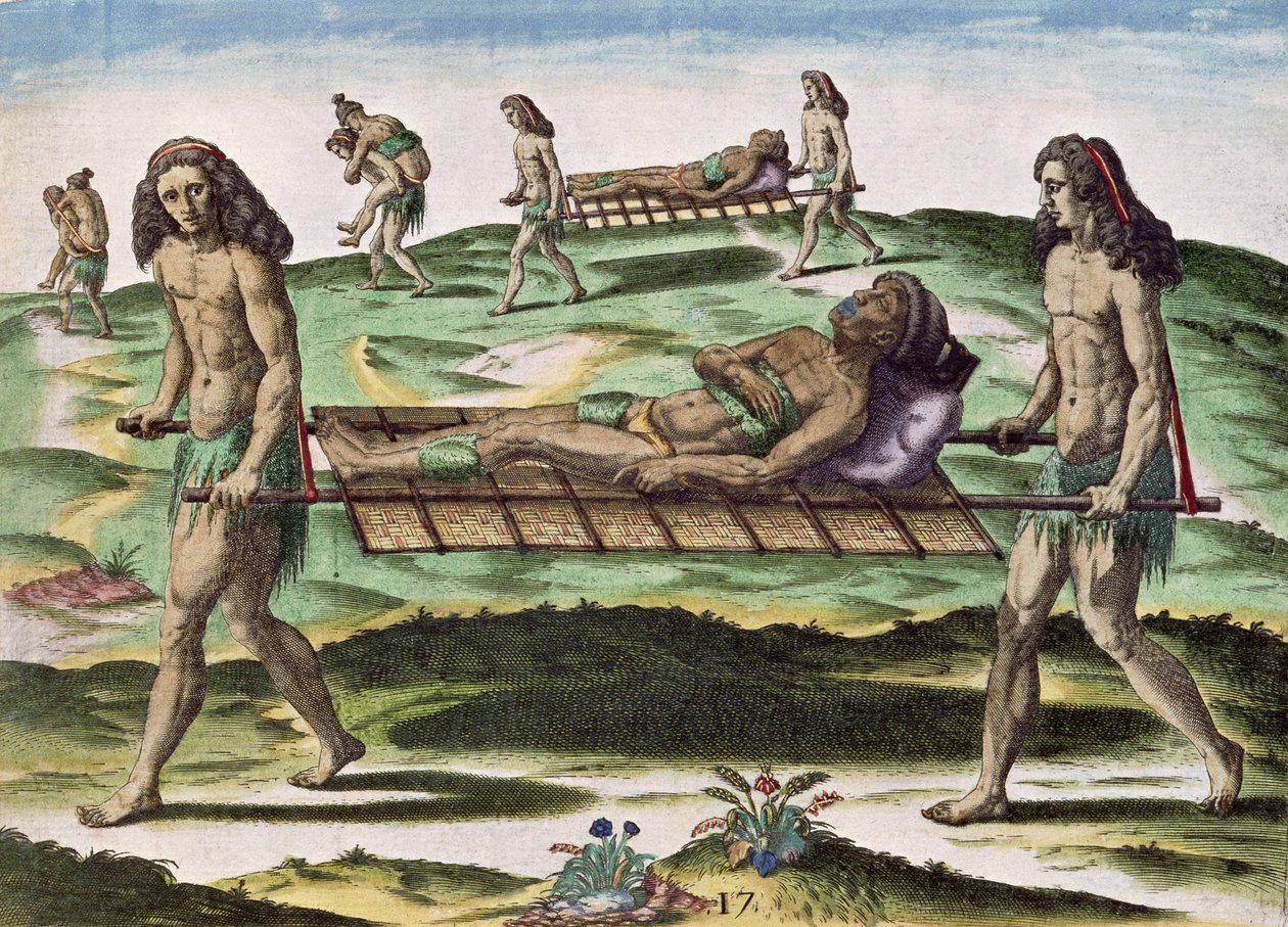Hermafroditter som transporterer de skadde, fra 'Brevis Narratio...', utgitt av Theodore de Bry, 1591 av after Le Moyne, J.Bry