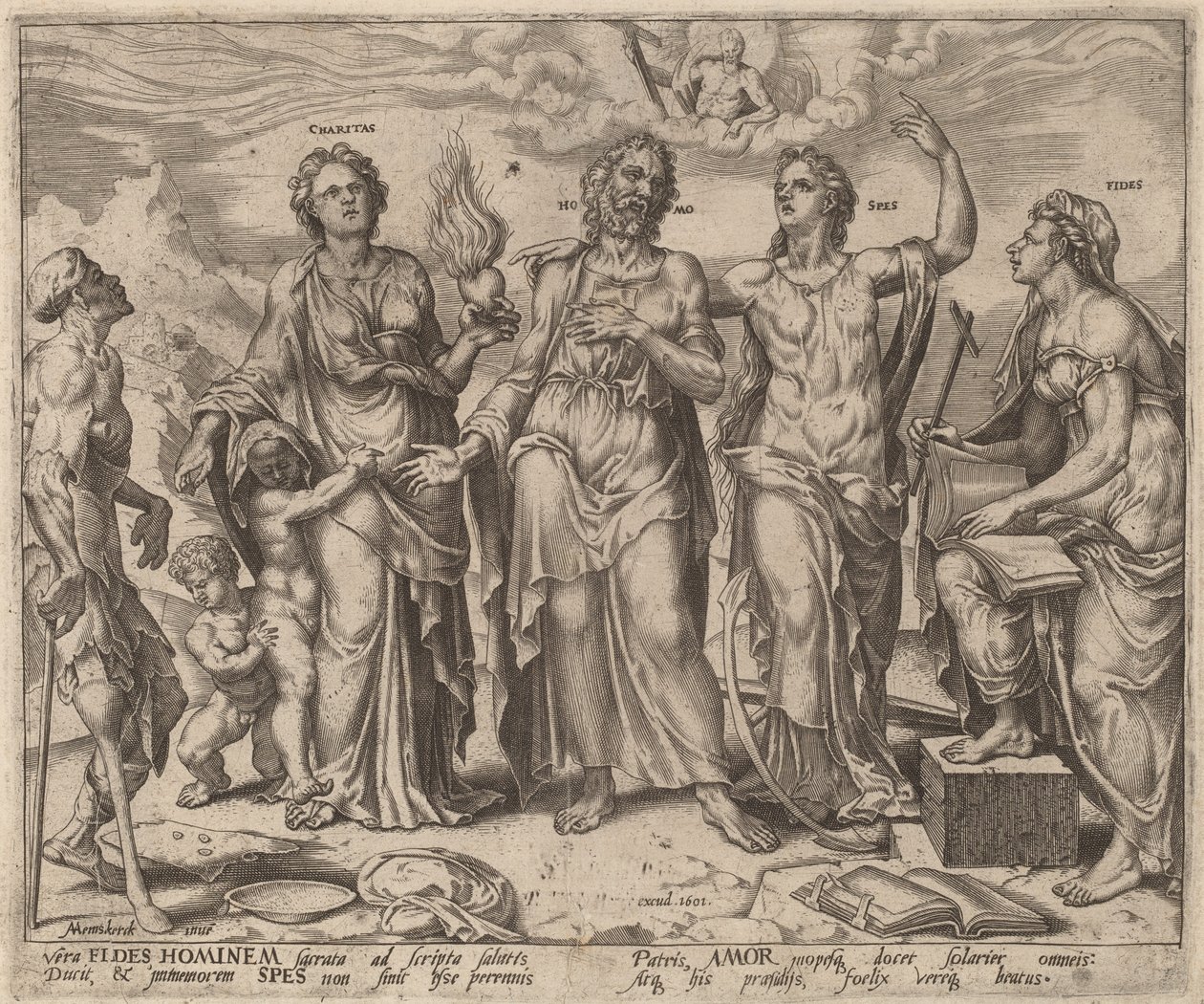 Mann assistert av tro, håp og nestekjærlighet av after Maerten van Heemskerck