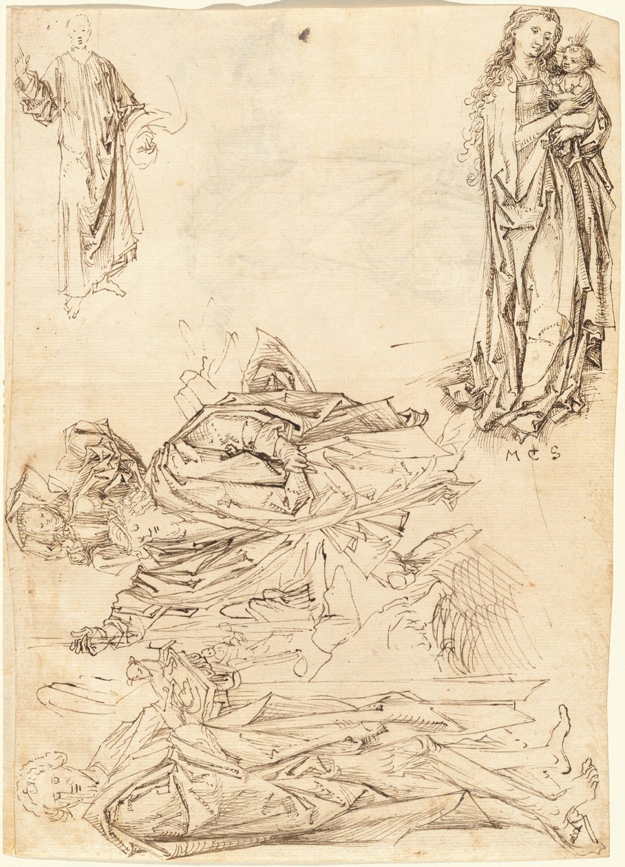 Den hellige Christopher, den hellige døperen Johannes, jomfruen og barnet, og Kristus velsignelse (recto) av after Martin Schongauer Master of the Drapery Studies