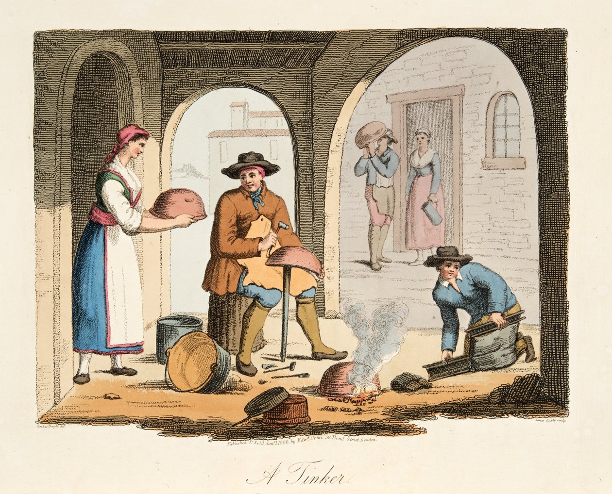 A Travelling Tinker, fra Italian Scenery, som representerer manerer, skikker og fornøyelser i de forskjellige statene i Italia, pub. 1806 (håndfarget gravering) av after P. van Lerberghi