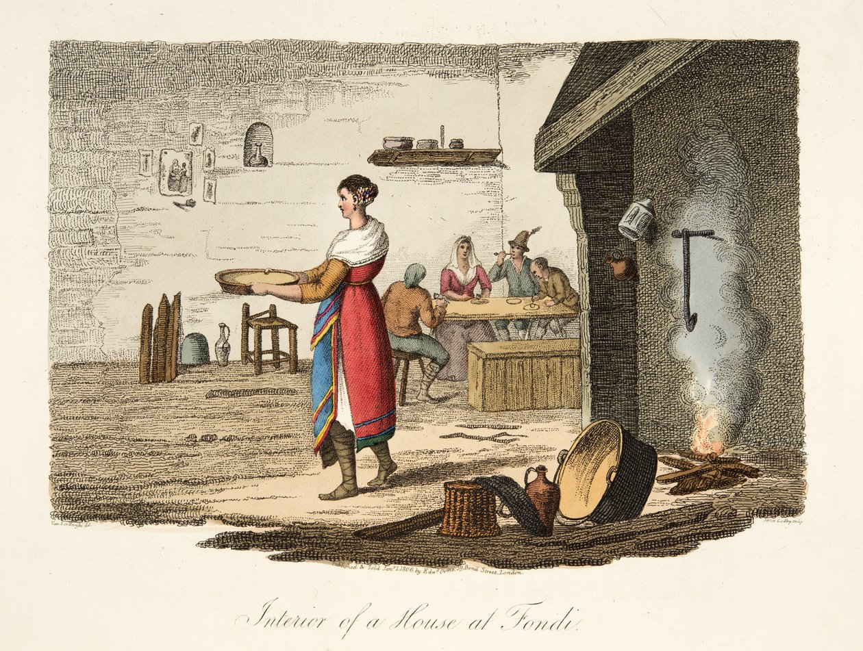 Interiør av et hus på Fondi, fra italiensk natur, som representerer manerer, skikker og fornøyelser i de forskjellige statene i Italia, pub. 1806 (håndfarget gravering) av after P. van Lerberghi