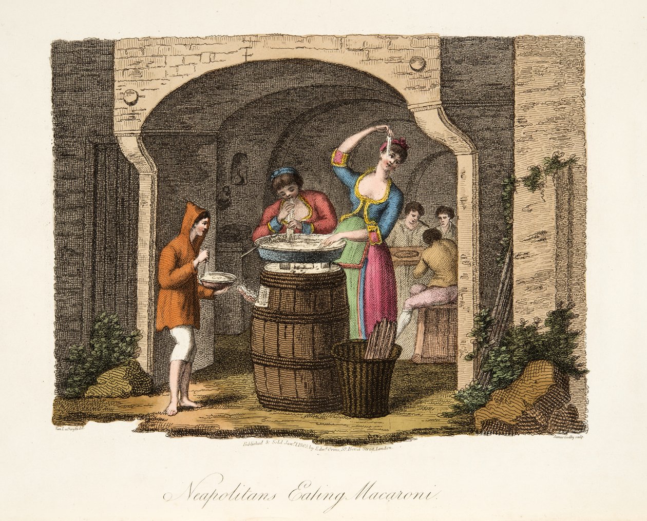 Neapolitans Eating Macaroni, fra Italian Scenery, som representerer manerer, skikker og fornøyelser i de forskjellige statene i Italia, pub. 1806 (håndfarget gravering) av after P. van Lerberghi