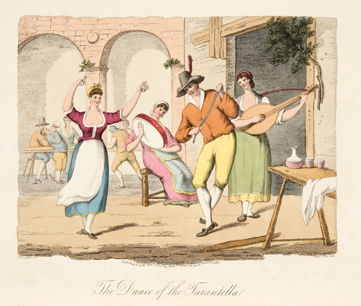 The Dance of the Tarantella, fra Italian Scenery, som representerer manerer, skikker og fornøyelser i de forskjellige statene i Italia, pub. 1806 (håndfarget gravering) av after P. van Lerberghi
