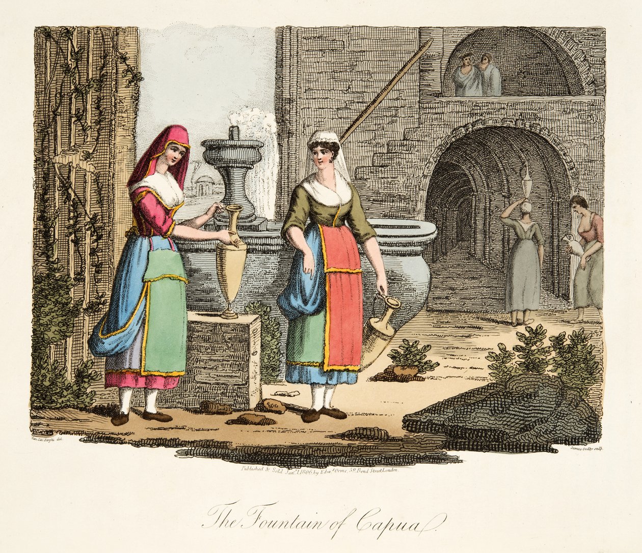 The Fountain of Capua, fra Italian Scenery, som representerer manerer, skikker og fornøyelser i de forskjellige statene i Italia, pub. 1806 (håndfarget gravering) av after P. van Lerberghi