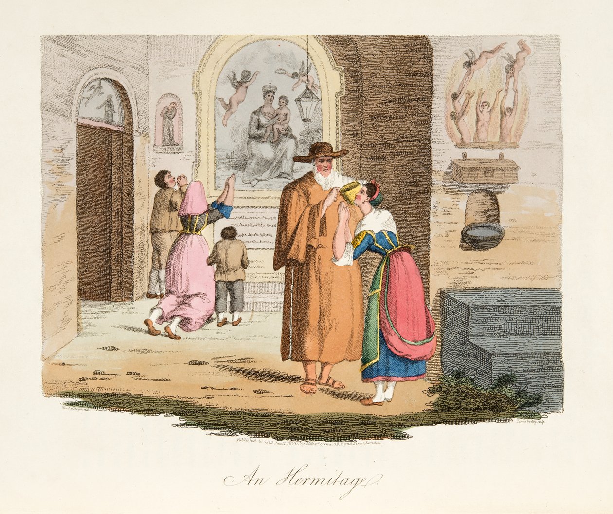The Hermitage of Capua, fra Italian Scenery, som representerer manerer, skikker og fornøyelser i de forskjellige statene i Italia, pub. 1806 (håndfarget gravering) av after P. van Lerberghi