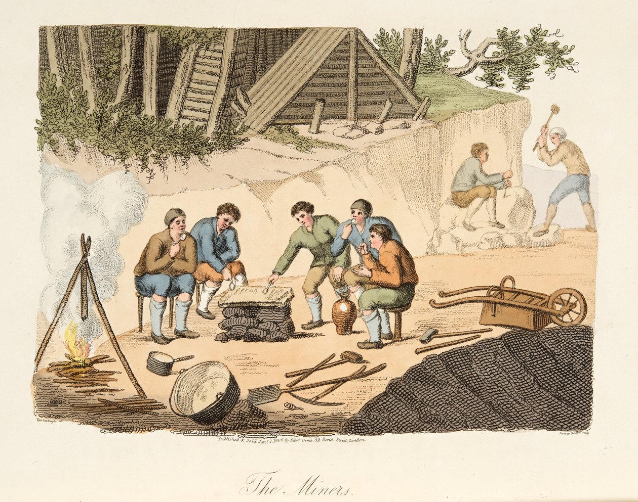 The Quarrymen of Grisante, fra Italian Scenery, som representerer manerer, skikker og fornøyelser i de forskjellige statene i Italia, pub. 1806 (håndfarget gravering) av after P. van Lerberghi