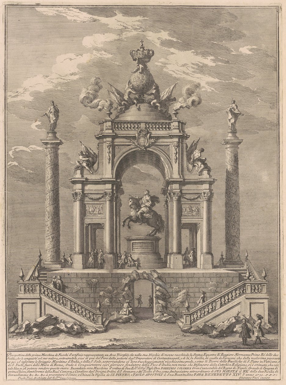 Prima Macchina for Chinea av 1751: Triumfbue for Roger I av Sicilia av after Paolo Posi Giuseppe Vasi