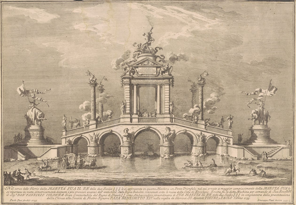 Prima Macchina for Chinea av 1755: En triumfbro med antikviteter fra Herculaneum av after Paolo Posi Giuseppe Vasi