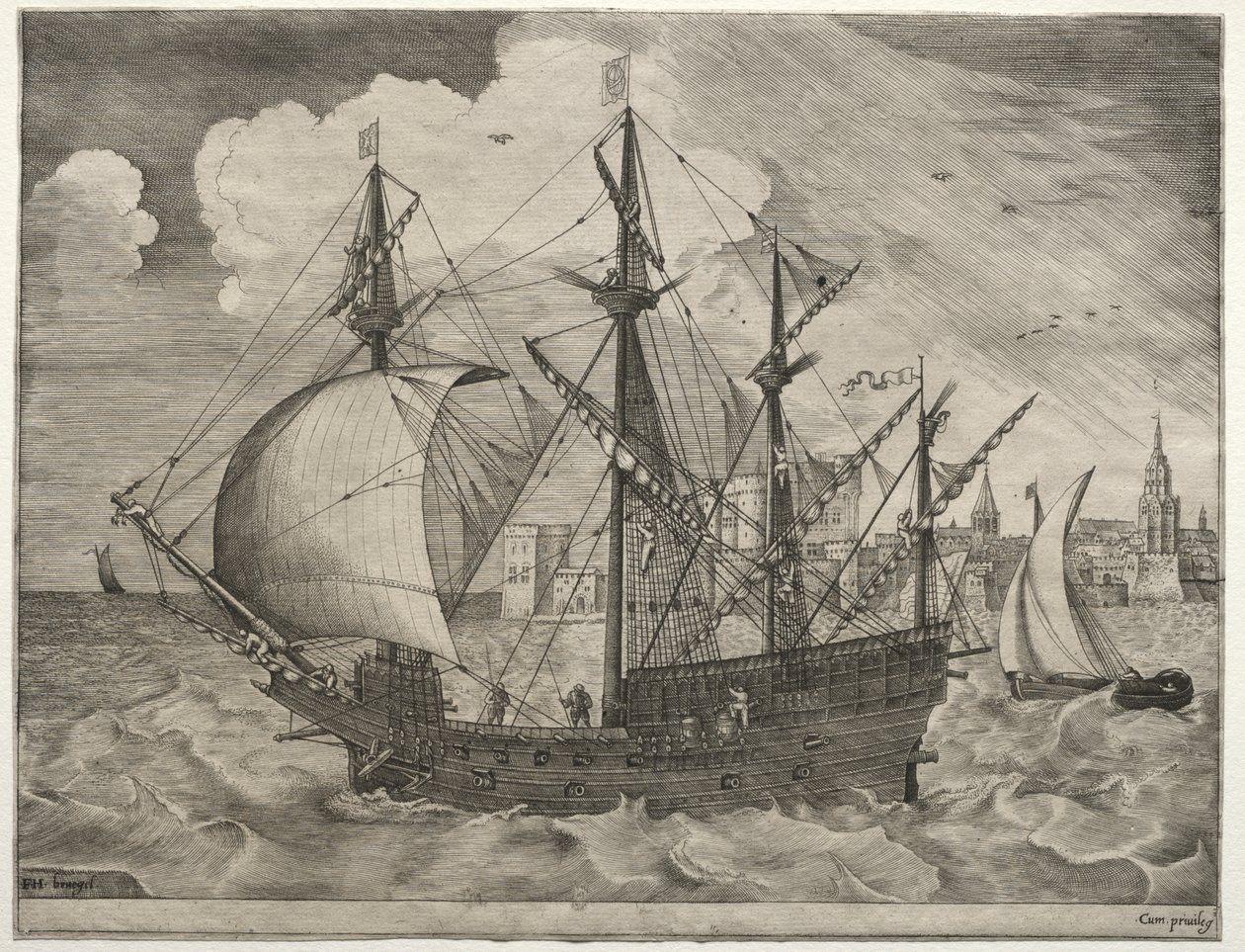 Seilfartøy: Bevæpnet fire-skipper på sjøen av after Pieter Bruegel