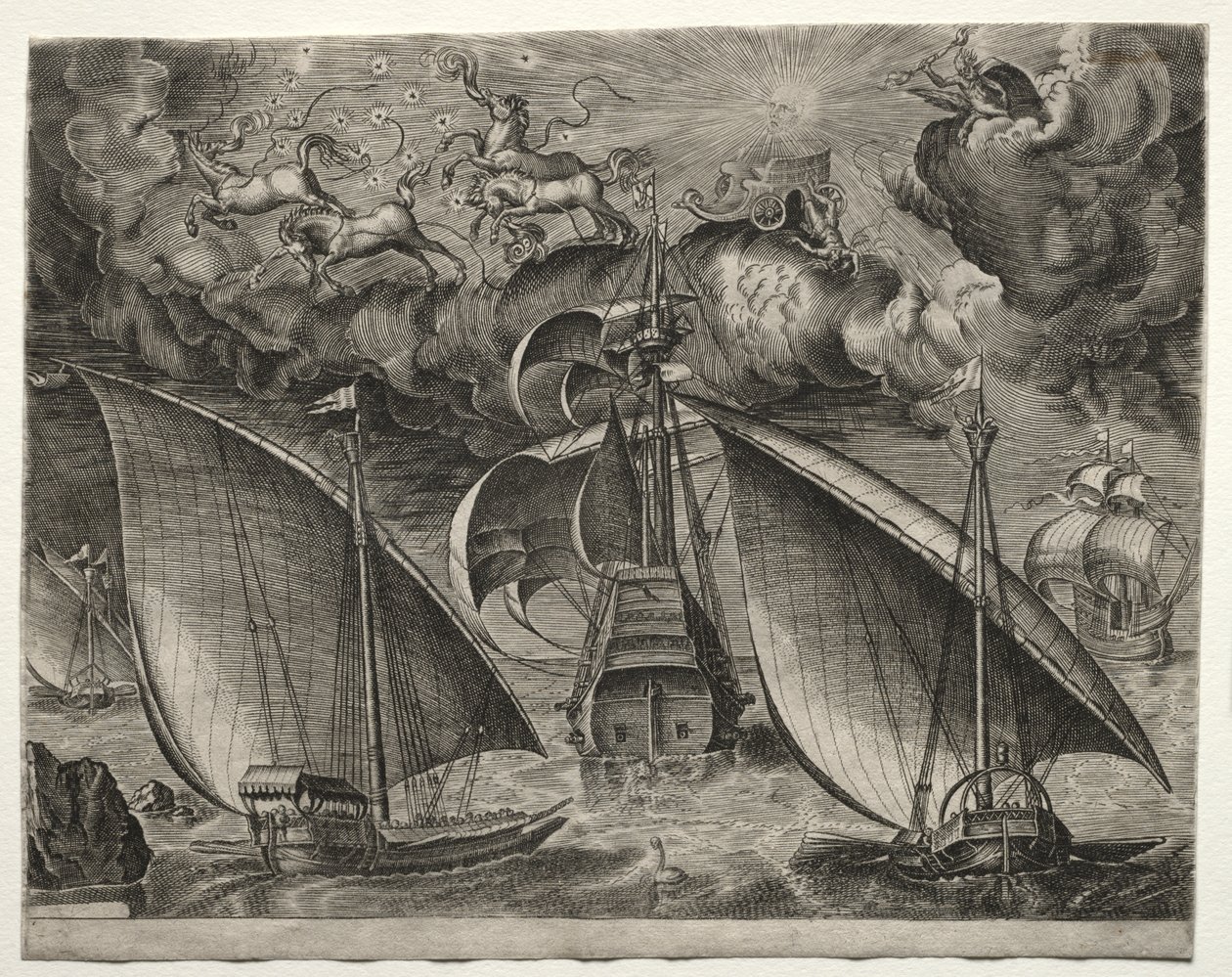 Seilfartøy: To bysser som seiler bak en væpnet tremester med Phaeton og Jupiter i himmelen av after Pieter Bruegel