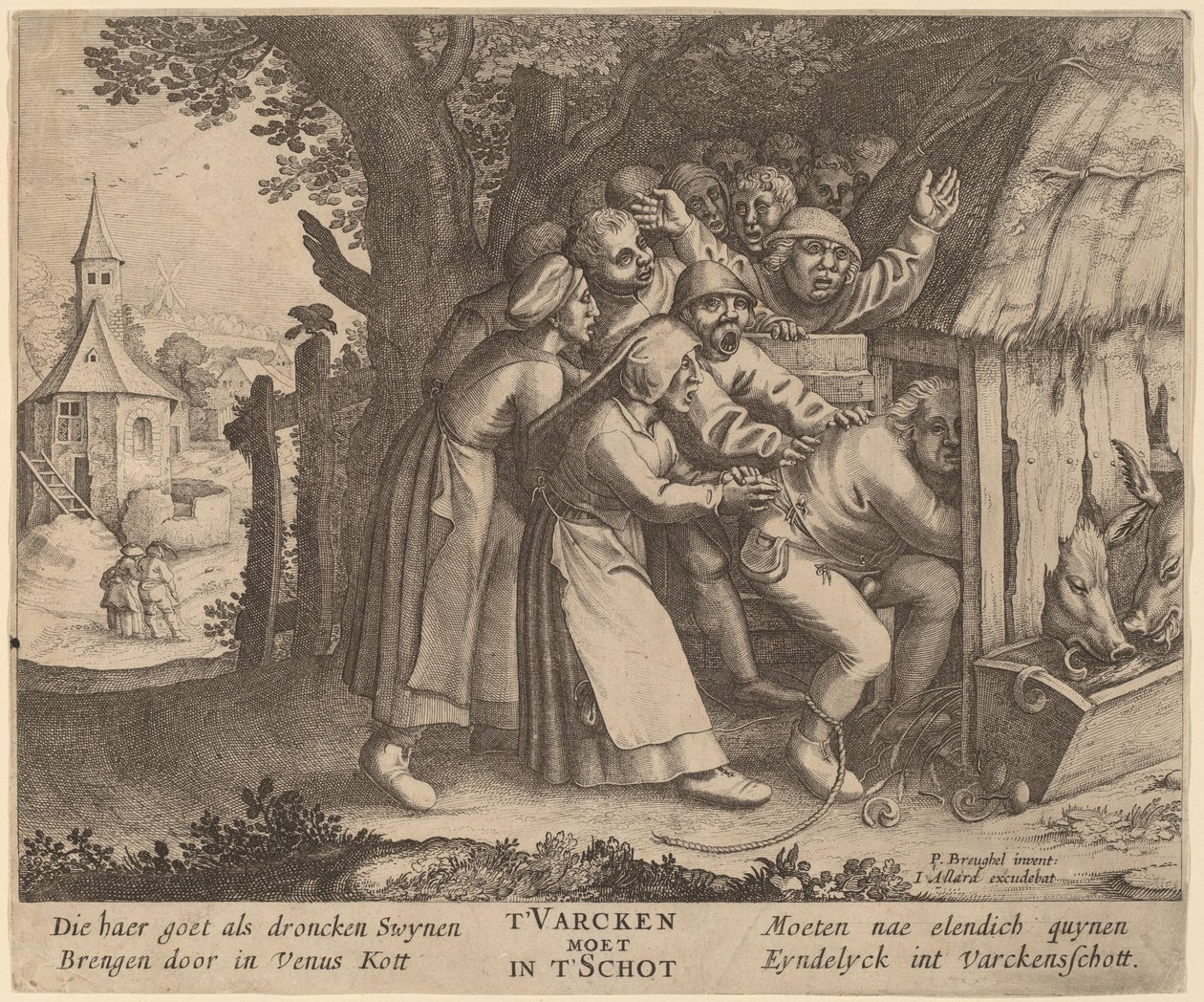 Drunkarden dyttet inn i grisestien av after Pieter Bruegel the Elder
