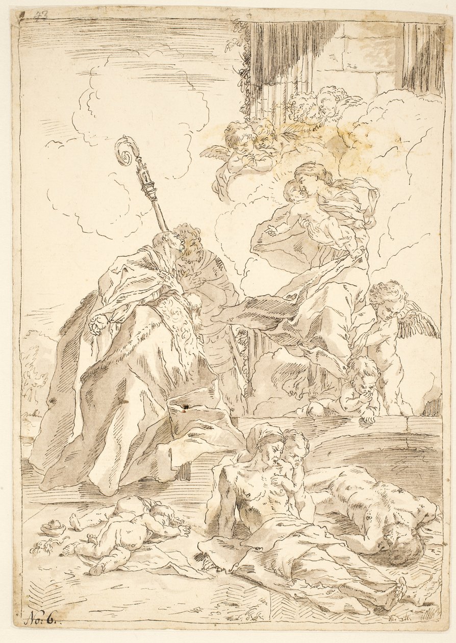 Madonnaen og barnet viser seg for to mannlige helgener under et pesteutbrudd av after Pietro Testa