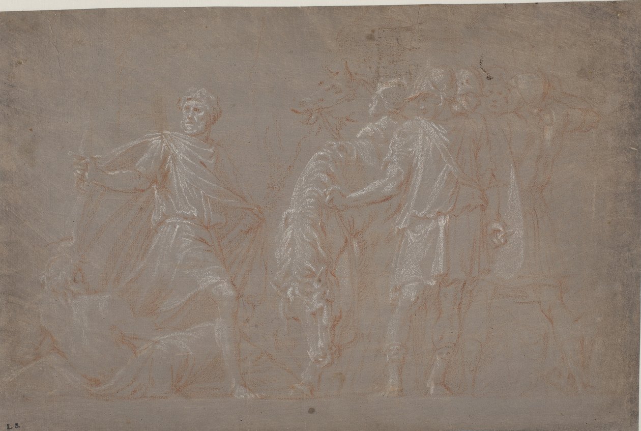 Mucius Scaevola krysser Tiberen av after Polidoro da Caravaggio