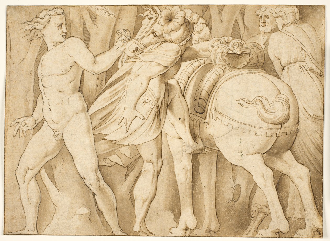 Scene fra romersk historie? En mann som går på en hest holdt av en naken mann av after Polidoro da Caravaggio