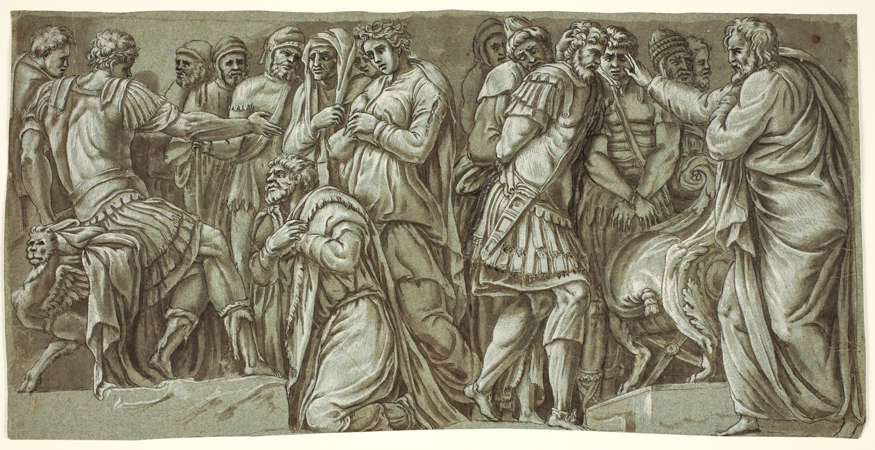 Familien til Darius før Alexander og en scene med fanger; fra fasaden til Palazzo Milesi av after Polidoro da Caravaggio