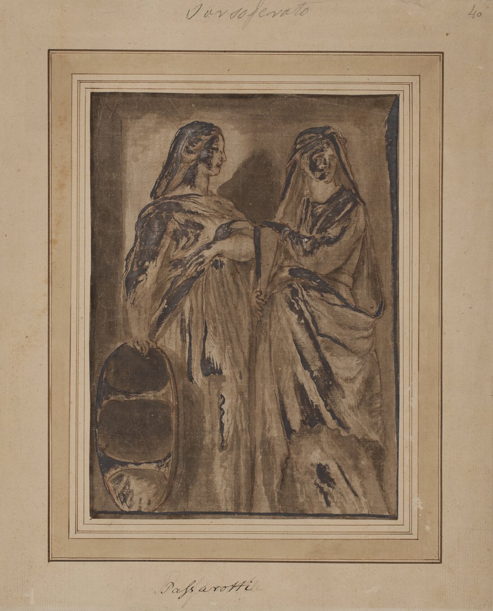 To stående romerske matroner, en med skjold av after Polidoro da Caravaggio