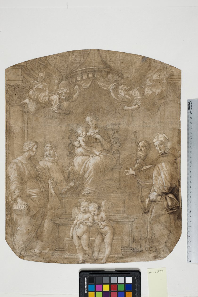 Madonna og barn med Sts Peter, Bernard (eller Bruno), James, Augustine og fire engler, Madonna del Baldacchino av after Raphael